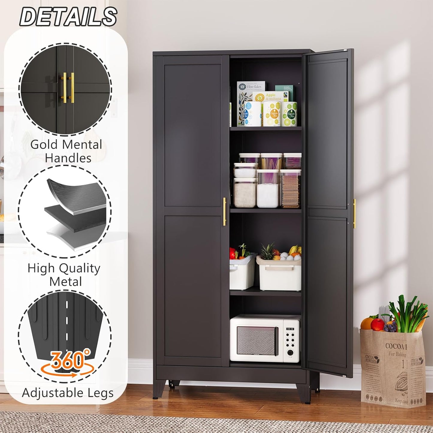 Metal Pantry Cabinet with 2 Doors and Adjustable Shelves, 61"Kitchen Storage Cabinet with Gold Handles, Versatile Storage for Laundry, Living, Bathroom, Dining, Utility Room - Black