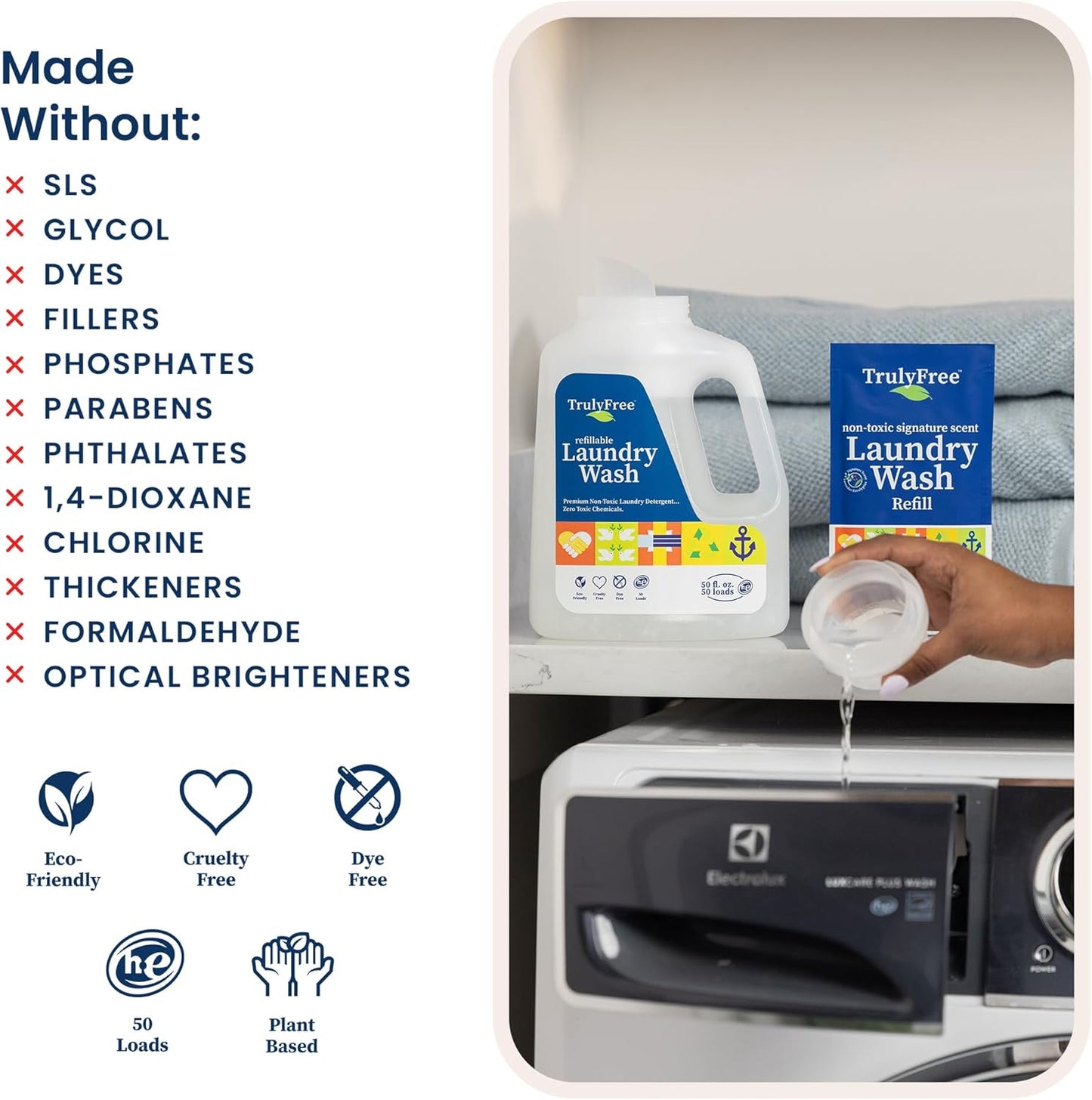 Laundry Wash Detergent for Sensitive Skin, Gentle & Safe for Baby Clothes | Plant-Based, Natural Ingredients | Unscented | Include 1 Refillable Bottle (50 Loads)