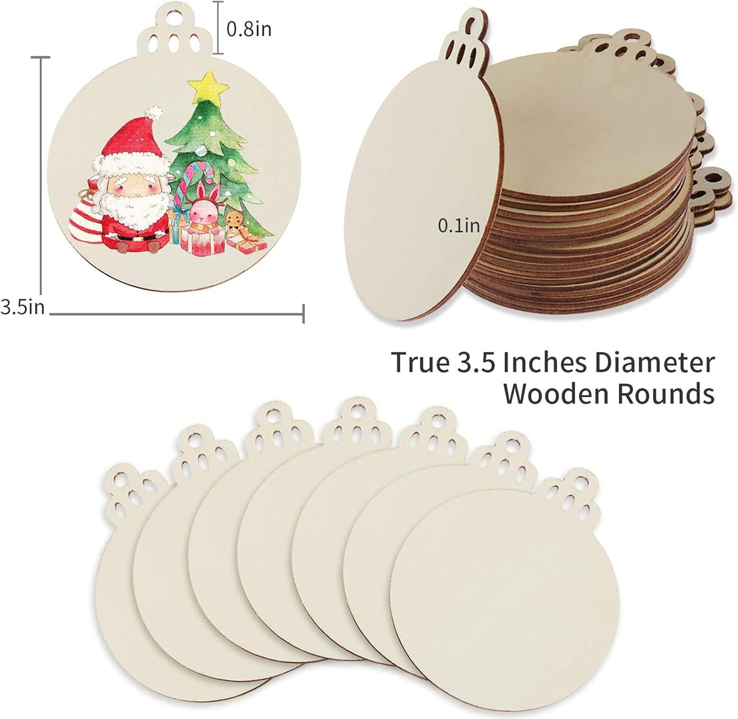 Fuyit 100Pcs 3.5 Inch Wooden Christmas Ornaments Unfinished Wood Slices with Holes, Predrilled Wood Round Circles Blank Discs for DIY Crafts Party Decorations