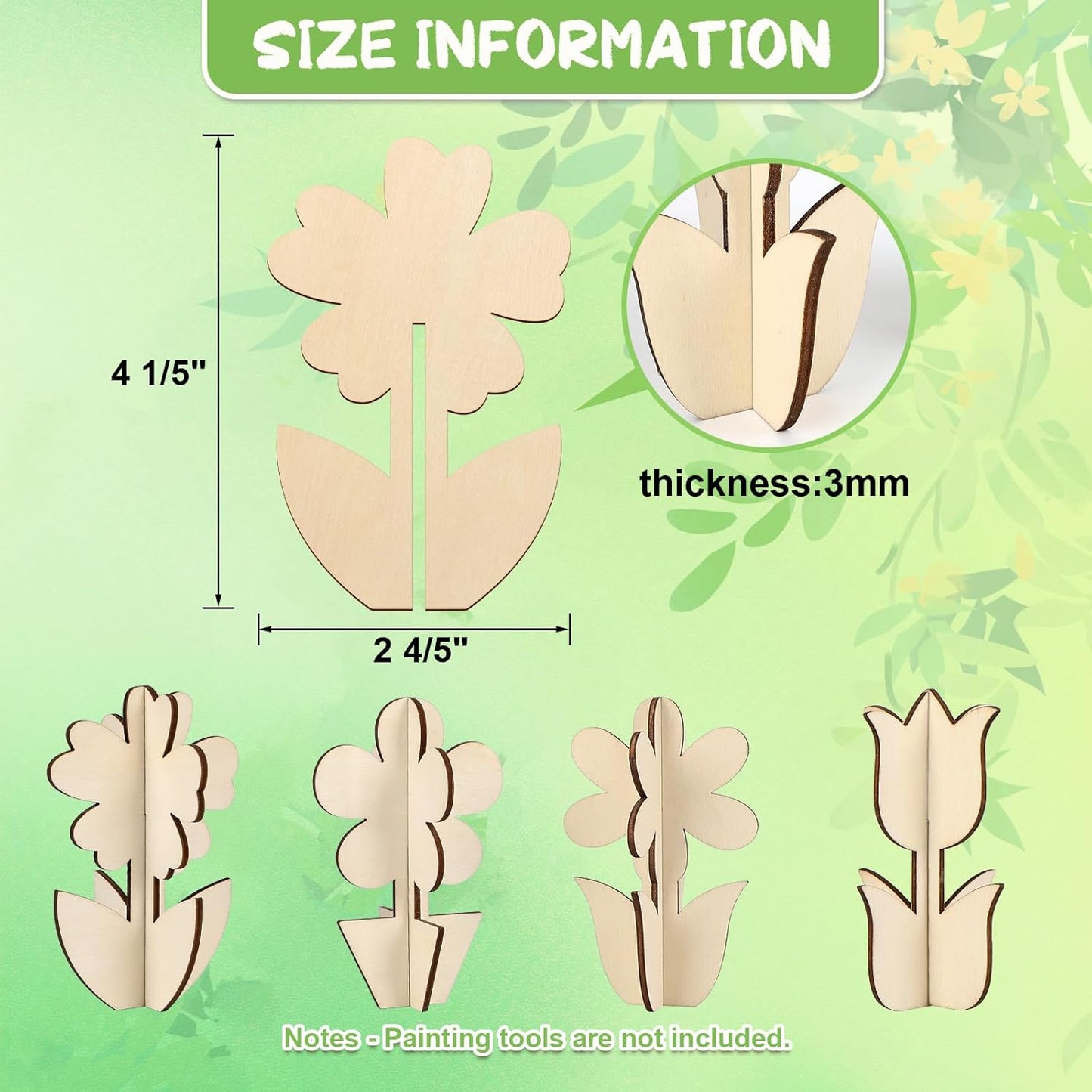 COCHIE DIY 3D Flower Spring Wood Crafts to Paint for Kids Adults, Paintable Unfinished Wooden Slices for Craft, Flowers Cutouts Ornaments for Painting Decorations (24 PCS)