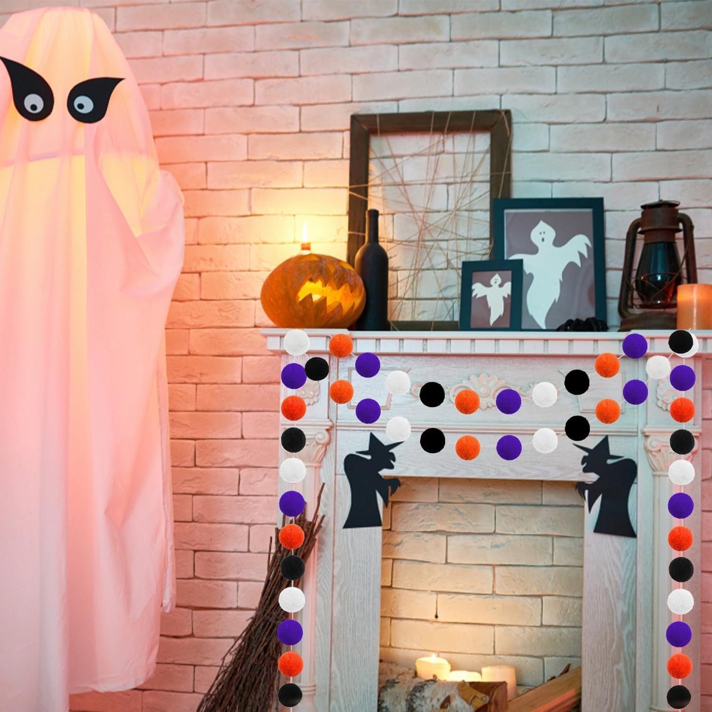 Jishi Fall Event Garlands, 3pk Orange Black White Felt Pom Pom Garland, 6.6ft Long, 25mm 24 Balls, Halloween Thanksgiving Party Decor