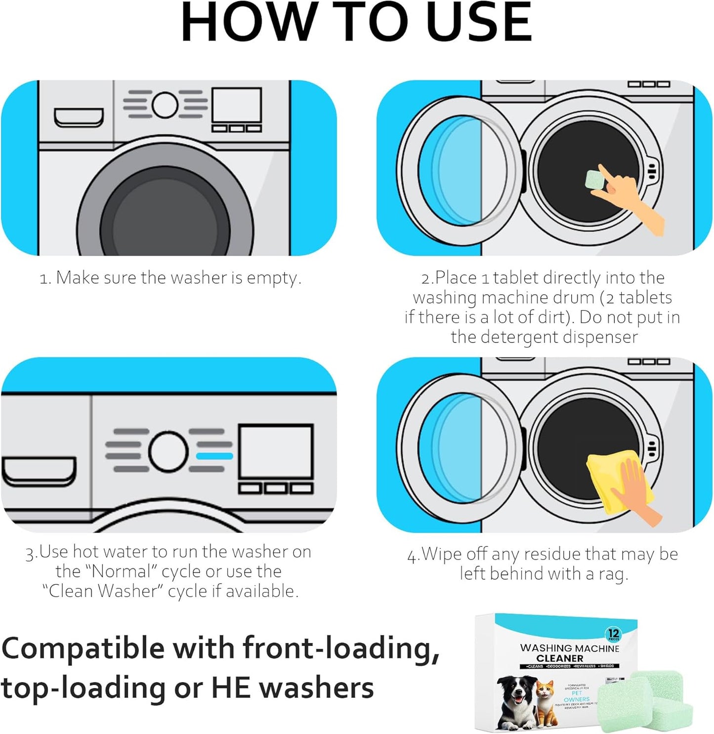 Washing Machine Cleaner 48 Pack-24 Month Supply,Cleaning Tablets Formulated for Pet Owners for He,Easy Pet Hair Remover for Laundry.Top & Front Load Washer.Septic Safe.