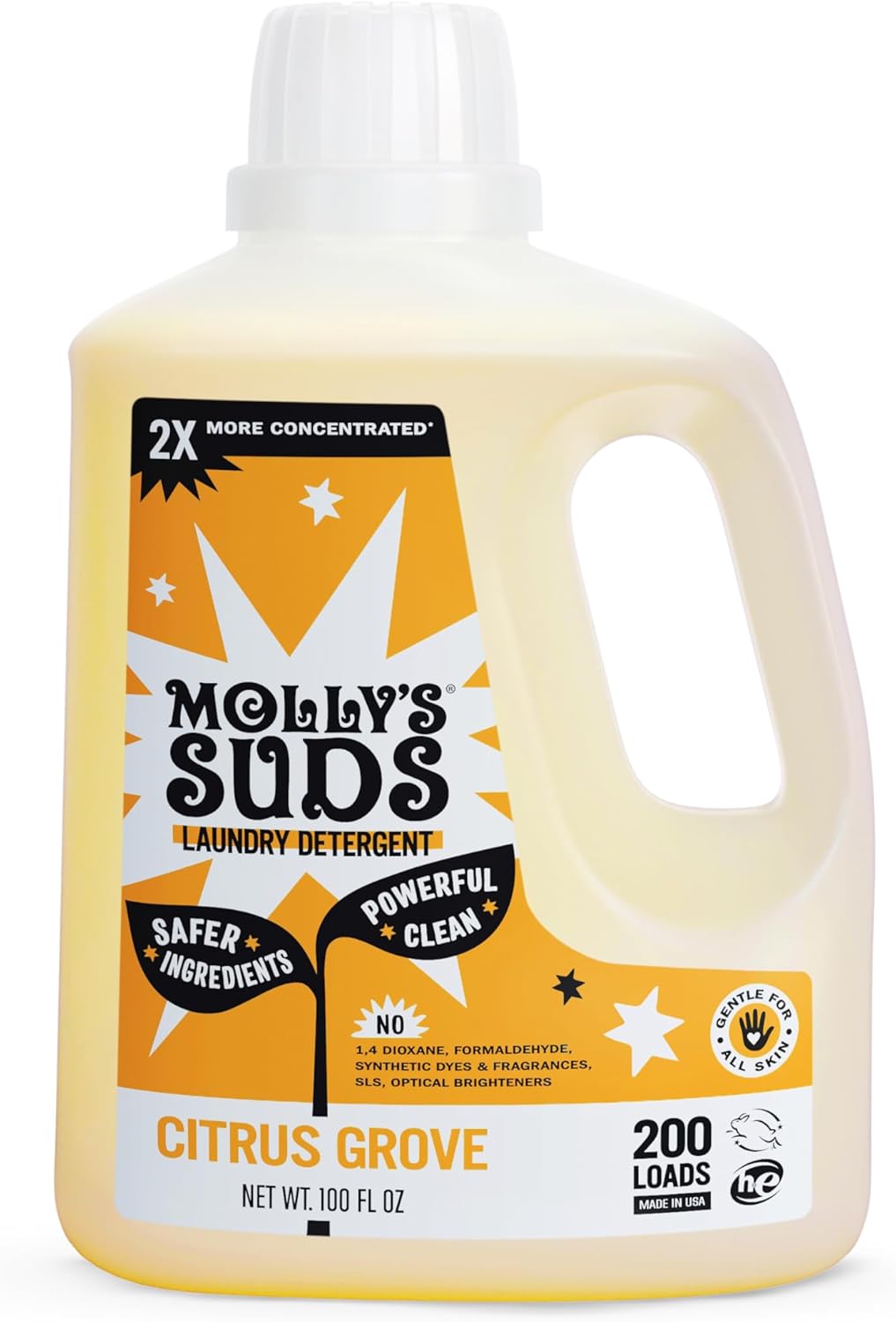 Molly's Suds Liquid Laundry Detergent | Clean Laundry Detergent Soap for Sensitive Skin | 2x Concentrated, High Efficiency (HE) (Citrus Grove - 200 Loads)