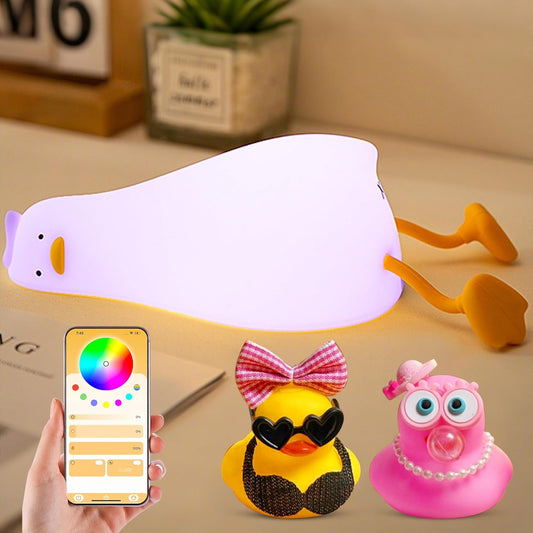 Cute Duck Night Light with Color Changing, APP/Tap Control Fun Lying Flat Ducky Lamp with Blind Box Gift,Soft Silicone Nursery Nightlight,Dimmable/Timing Bedside Touch Lamp,Baby Adults Kids Room Decor