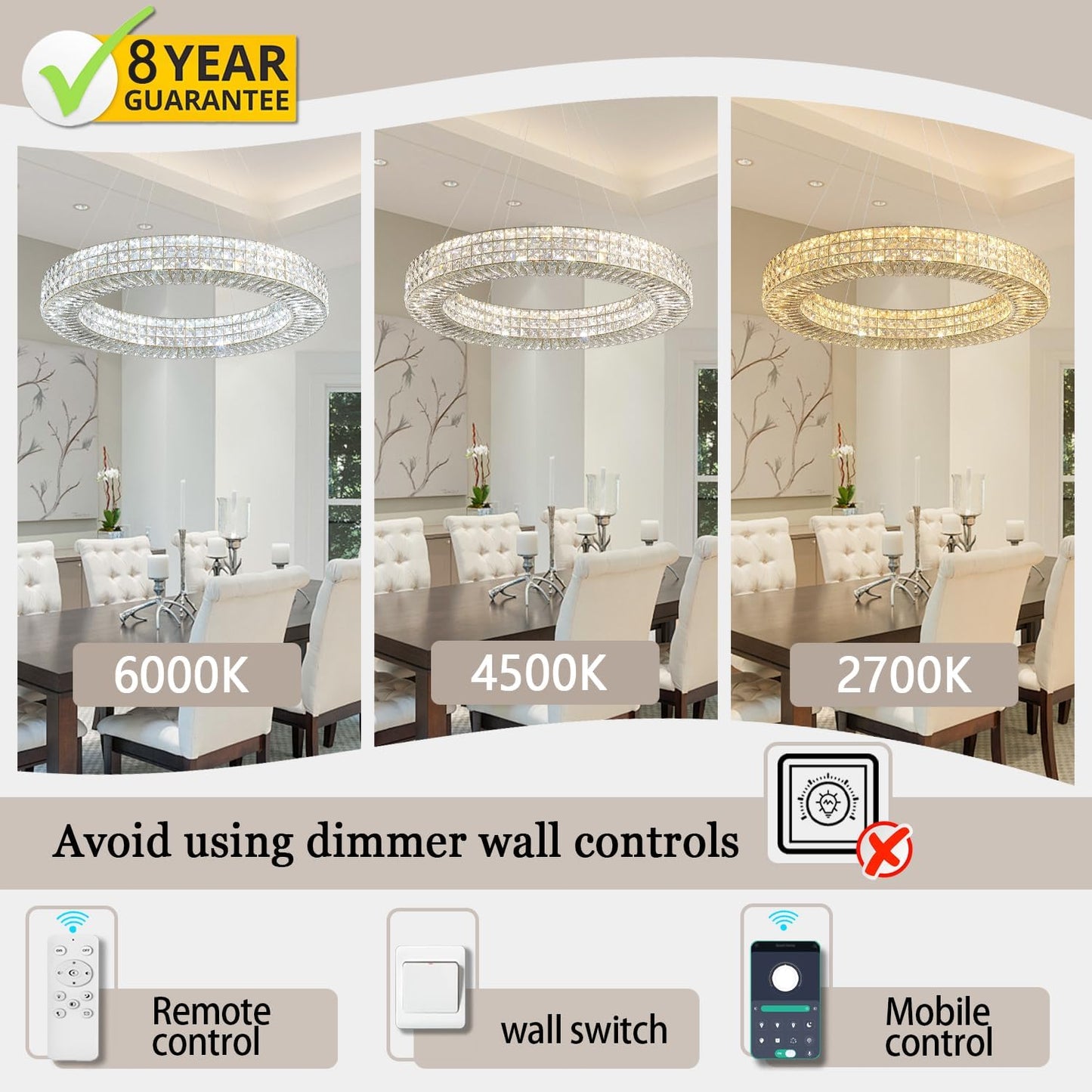 Dia 40" Modern Crystal Chandelier Ring Chandelier Adjustable Height Luxury Crystal Pendant Ceiling Light Fixture for Dining Living Room Bedroom