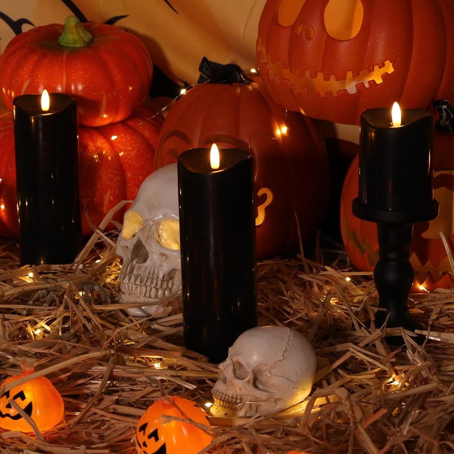 NURADA Outdoor Flameless Candles with Remote Timer - Waterproof Realistic Flickering LED Pillar Electric Battery Operated Fake Candle for Home Halloween Holiday Party Decor - 2 Pack Black(D3”H6”6”)