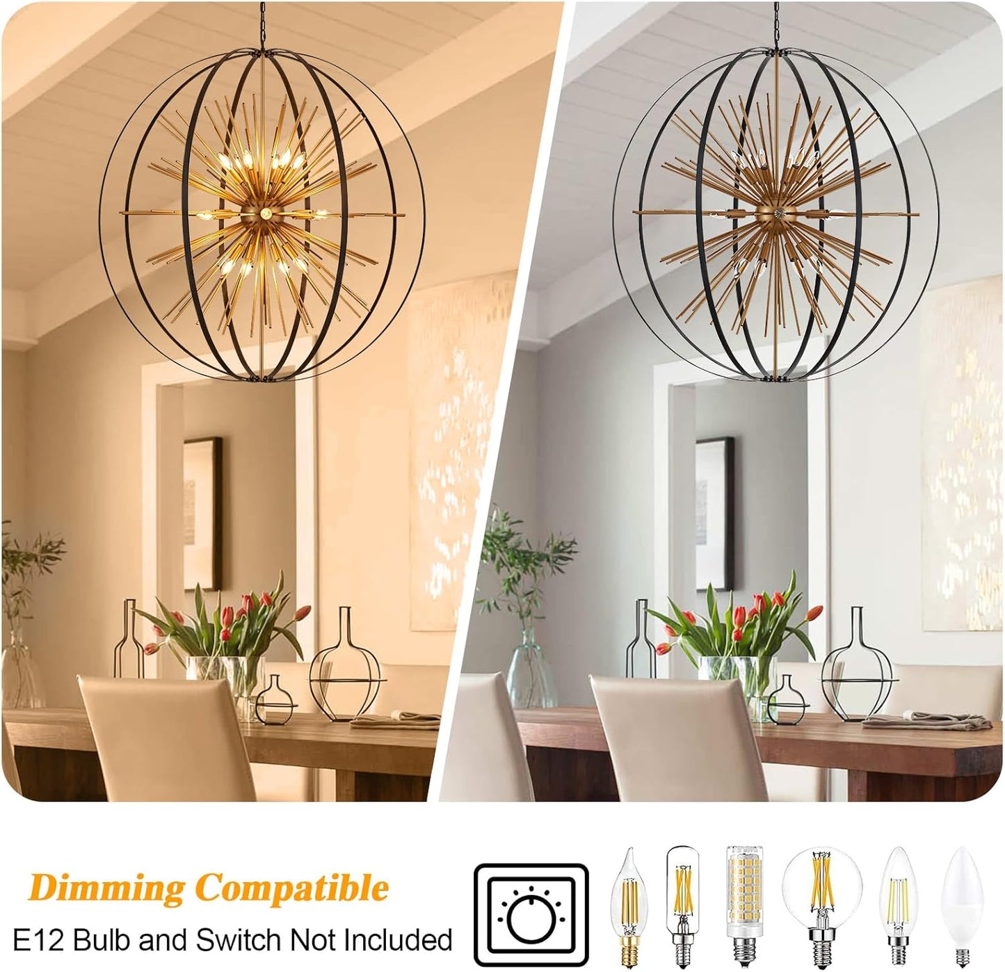 43.3" Black Gold 18-Light Globe Sputnik Chandelier Modern Adjustable Hanging Ceiling Firework Pendant Light Fixture for Entryway Foyer Stairway Kitchen Dining Living Room Hallway