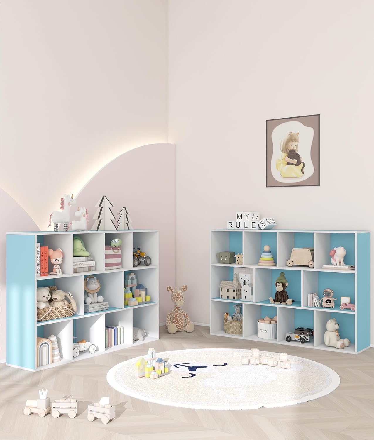 11-Cube Blue Kids Bookshelf and Toy Organizer – Wooden Storage Shelf for Boys Bedroom, Open Cube Bookcase for Toddlers and Playroom Organization