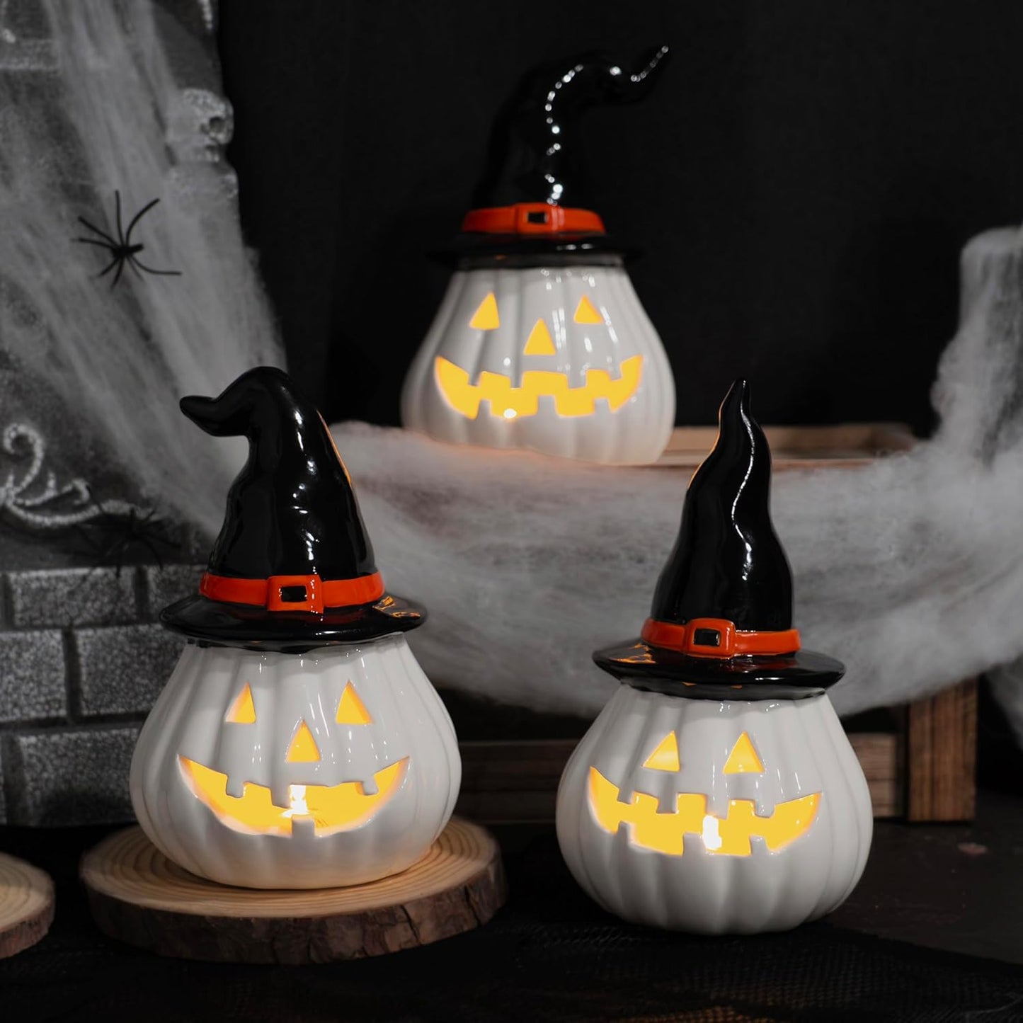 NEROSUN 3 Pack Halloween Light Up Pumpkin Decorations, Ceramic Battery Operated Lighted Jack O Lantern Figurines, Spooky Halloween Ornaments for Indoor Home Fireplace Tabletop Centerpieces