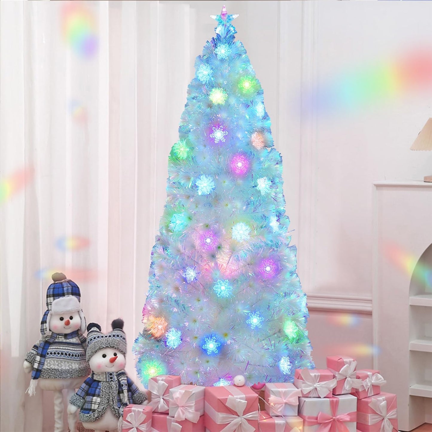 Juegoal 6ft Pre-Lit Artificial Christmas Tree, Lighted Optical Fiber Xmas Trees with Color Changing LED Lights, Snowflakes & Top Star, Party Home Holiday Fake Multicolored Tree with Metal Legs, White