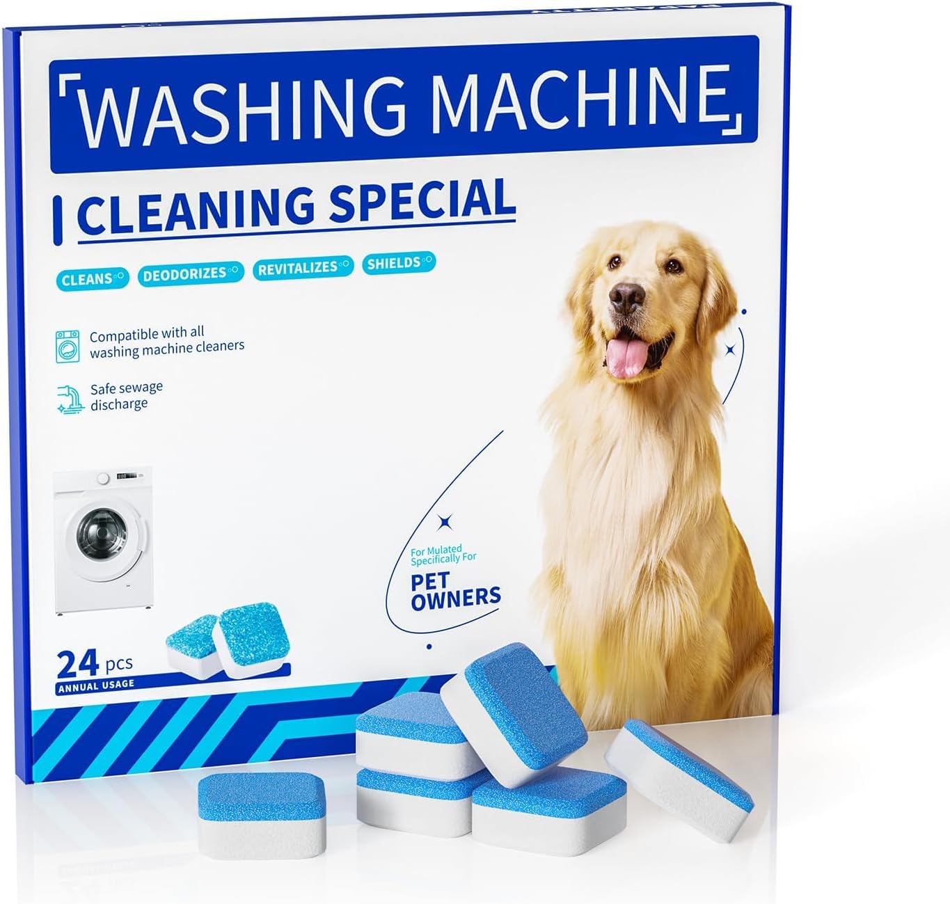 Washing Machine Cleaner Tablets - 24 Pack (12 Month Supply) | HE Compatible for Top & Front Load Washers | Pet-Safe Formula Eliminates Odors, Lint & Detergent Buildup