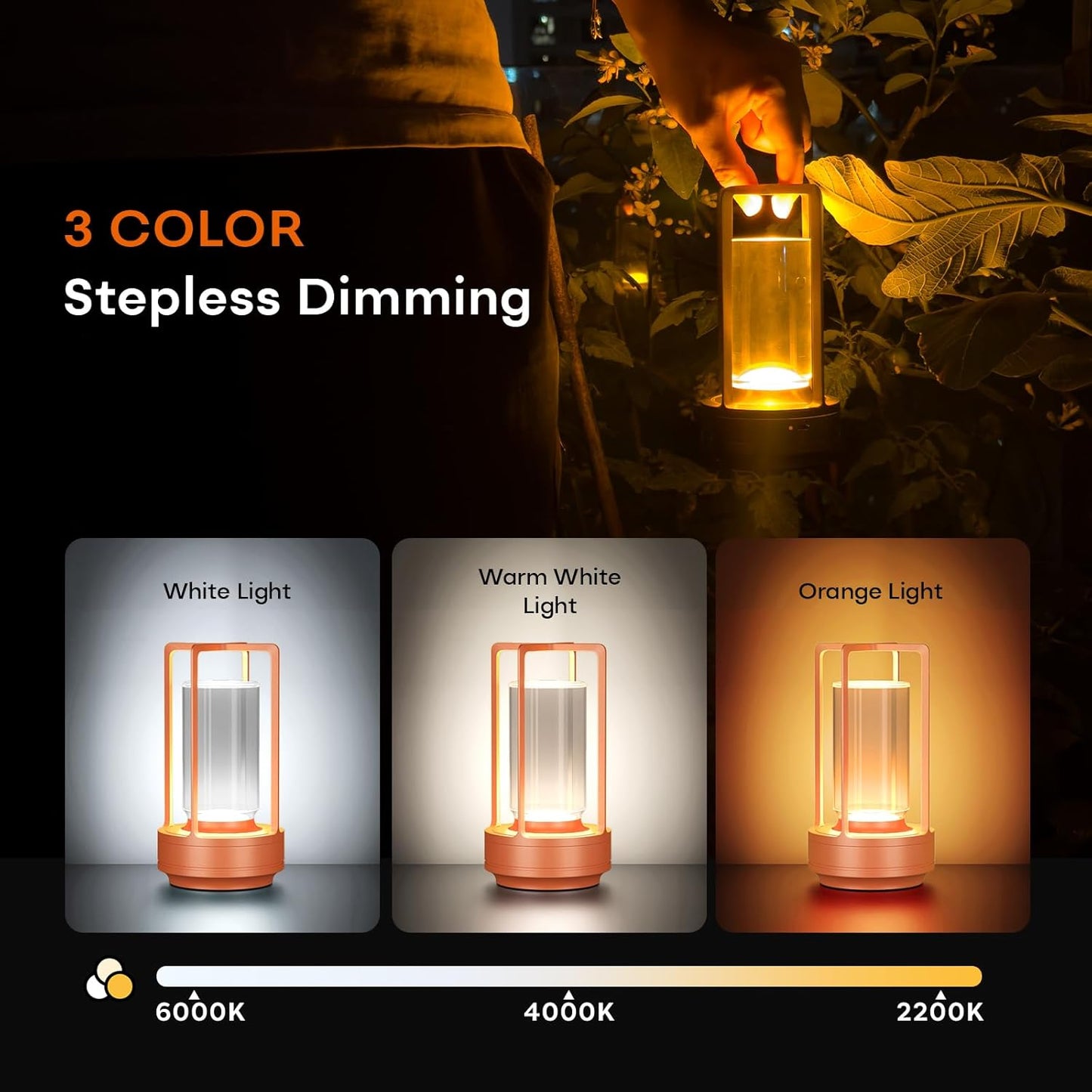 Portable Metal Table Lamp for Indoor/Outdoor ,Rechargeable Cordless LED Lamp, 3-Colour Infinitely Dimming Battery Powered Small Desk Lamp, Restaurant/Bedroom/Bar/Coffee Shop/Camping Light (Orange)