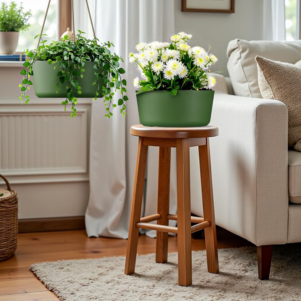 10.7 Inch Hanging Planter for Outdoor Indoor Plants，2 Pack Hanging Flower Pots with Drain Holes for Garden Home Decor Use (Dark Green)