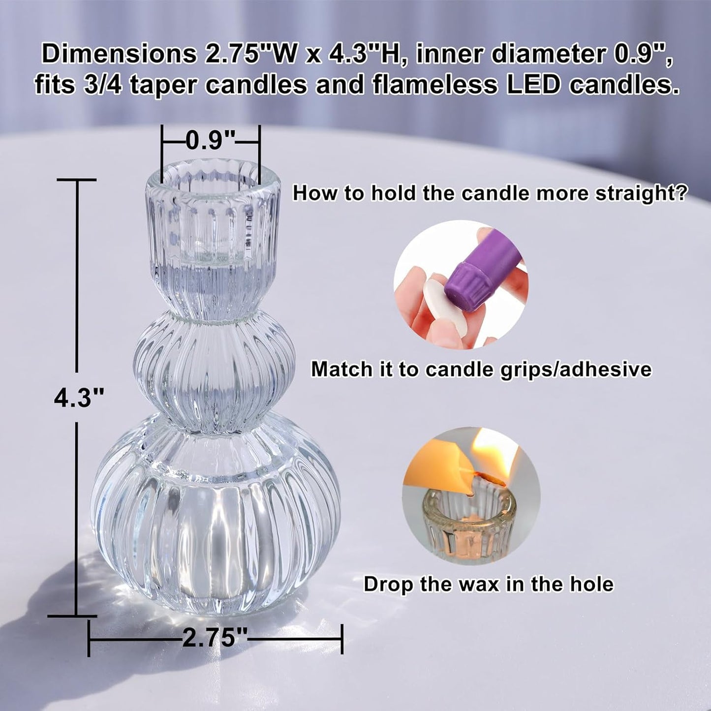 Woho Clear Taper Candle Holders 4.3" H Set of 3 for Wedding Table, Ribbed Glass Candlestick Holders for Daily Home Decor, Vintage Candle Sticks Holder Decor for Thanksgiving Christmas