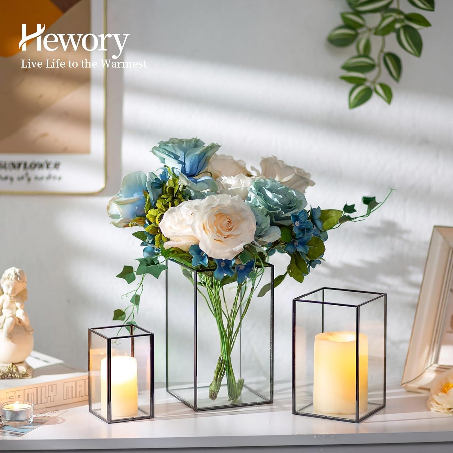 Glass Hurricane Candle Holder Large - Hewory 3pcs Black Rectangle Flower Holders Centerpiece for Table, Tall Floor Square Pillar Candle Lantern for Wedding, Anniversary, Party, Fireplace, Dining Room