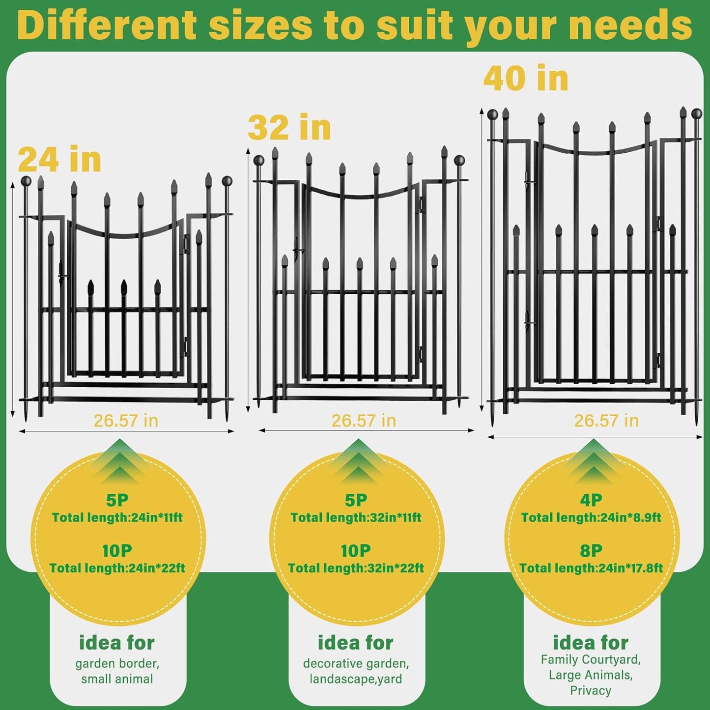10 Panels No Dig Decorative Garden Fence with Gate, 24in(H) × 22ft(L) Heavy-Duty Rustproof Metal Panels, Outdoor Dog Barrier for Yard & Patio, Landscape, Border| Portable Temporary Fencing