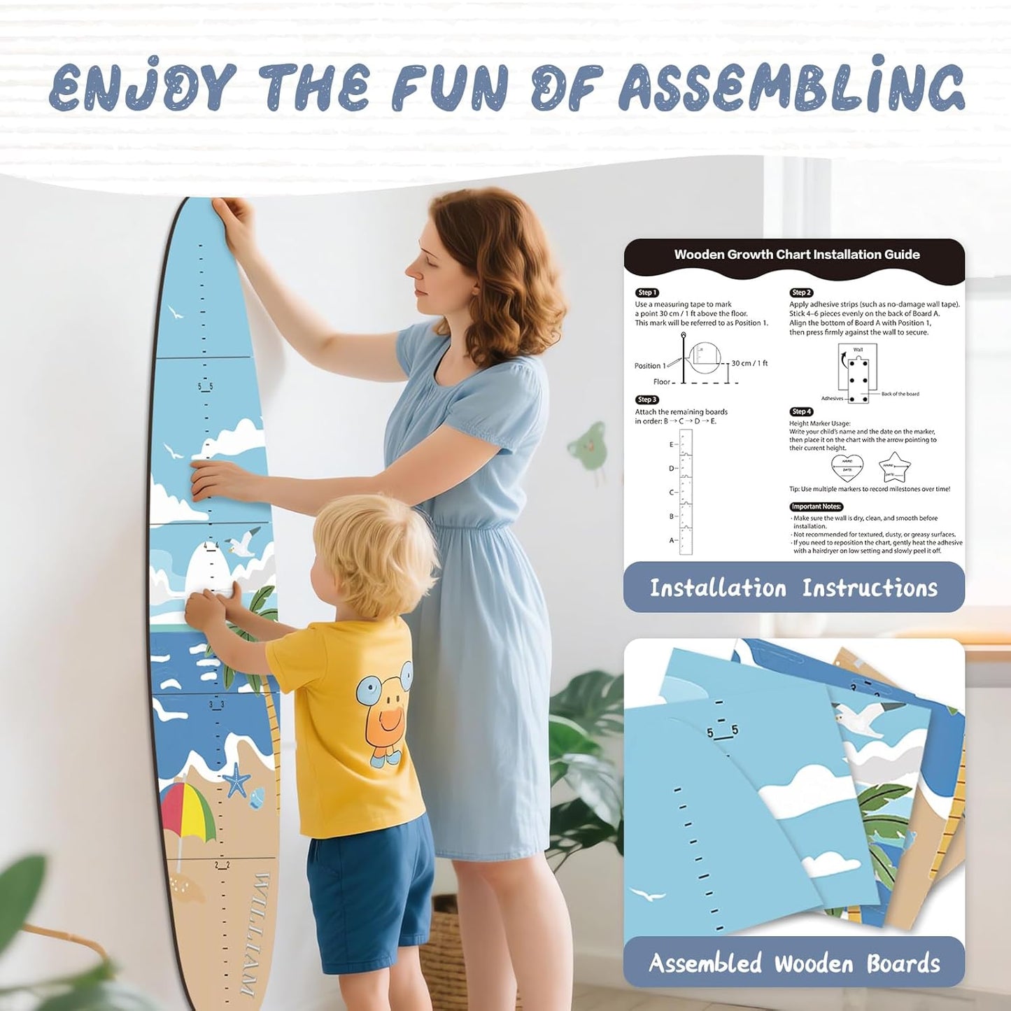 Personalized Name Growth Chart, Surfboard Children's Height Growth Chart Wall Board, Stereoscopic Height Ruler, Precision Height Measuring Instrument for Nursery Room, Includes Tools