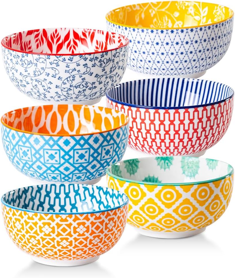 Ceramic Dessert Bowls Set - 11 Oz Porcelain Ice Cream Bowl for kitchen - 4.7 Inch Small Cereal Bowl for Salad, Fruits, Ramen - Microwave Dishwasher Safe - Set of 6 - Assorted Colors