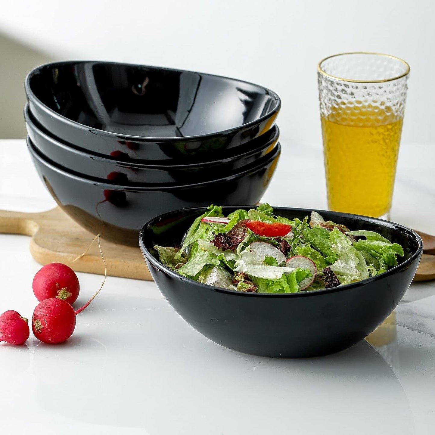 Hasense Serving Bowls, Porcelain Soup Bowls Set of 4, 36 OZ Black Serving Dishes for Entertaining, Perfect for Salad Side Dishes Pasta Popcorn, Dishwasher Microwave Safe
