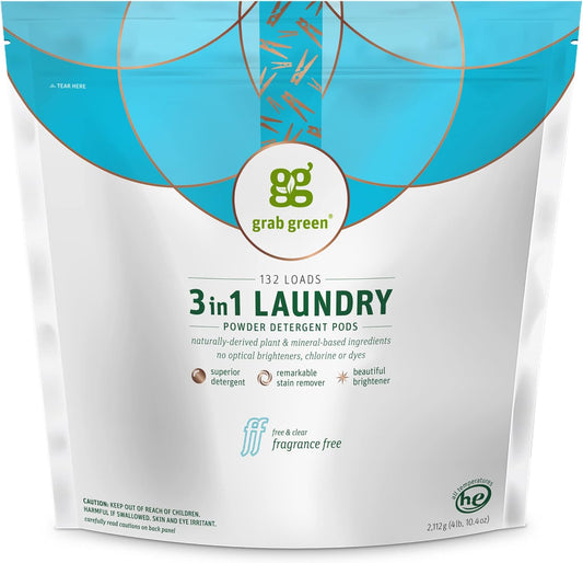 Grab Green 3-in-1 Laundry Detergent Pods, 132 Count, Fragrance Free, Plant and Mineral Based, Superior Cleaning Power, Stain Remover, Brightens Clothes