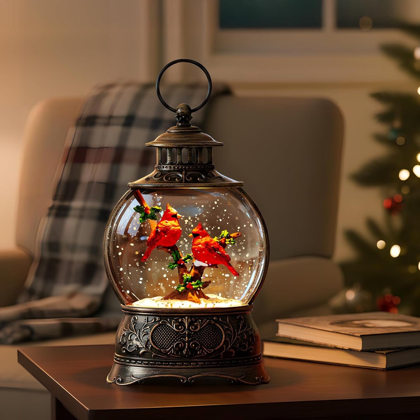 Cardinal Christmas Snow Globe Lantern Water Glittering Christmas Tree with Red Truck, USB Lined and Battery Operated Lighted Lantern for Christmas Festival Decoration Gifts