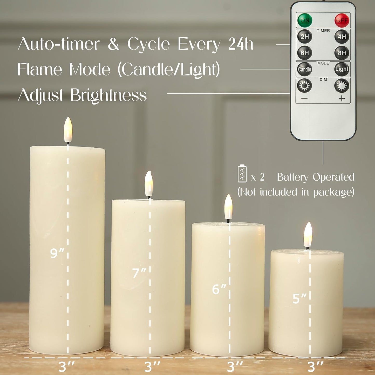LUSHABOR Flameless Candles, 4 Pack Battery Operated Candles with Remote, Real Wax LED Fake Candles with Timer Flickering for Christmas Wedding Home Party D3 H 5" 6" 7" 9" Ivory