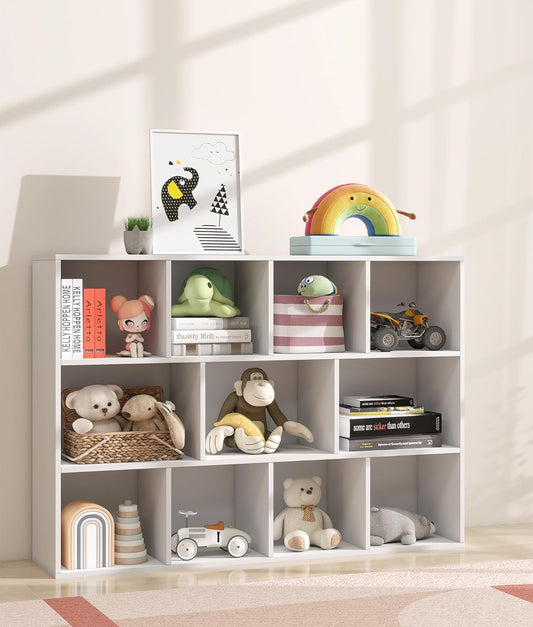 11 Cube White Kids Toy Storage Organizer & Bookshelf – Toy and Book Storage for Kids, Baby Bookshelf for Nursery, Wooden Bookcase & Book Organizer for Classroom