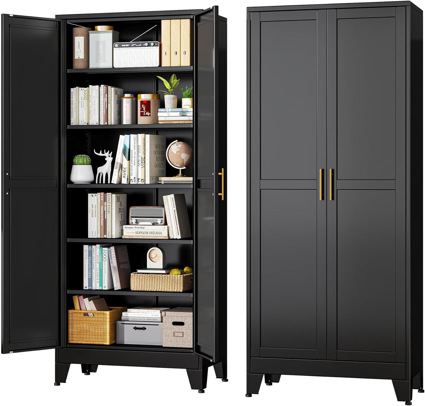 Black Metal Storage Cabinet,75" Steel Cabinets for Home Office, Kitchen Pantry Storage Cabinet with Doors and 5 Adjustable Shelves, Tool Cabinets, for Office, Home, Garage, School