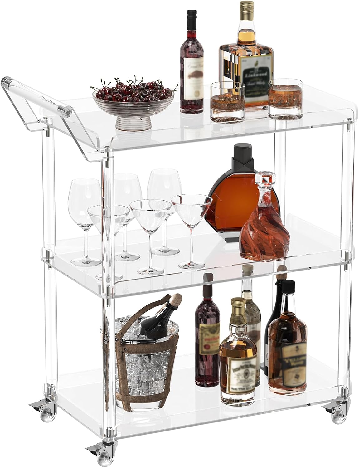 HMYHUM Acrylic Bar Cart with 4 Lockable Wheels, 30.5" L x 15.2" W x 34.5" H, Rolling Serving Cart for The Home Bar, Kitchen, Living Room, with Pulling Handle, Modern, 3-Tier, Clear