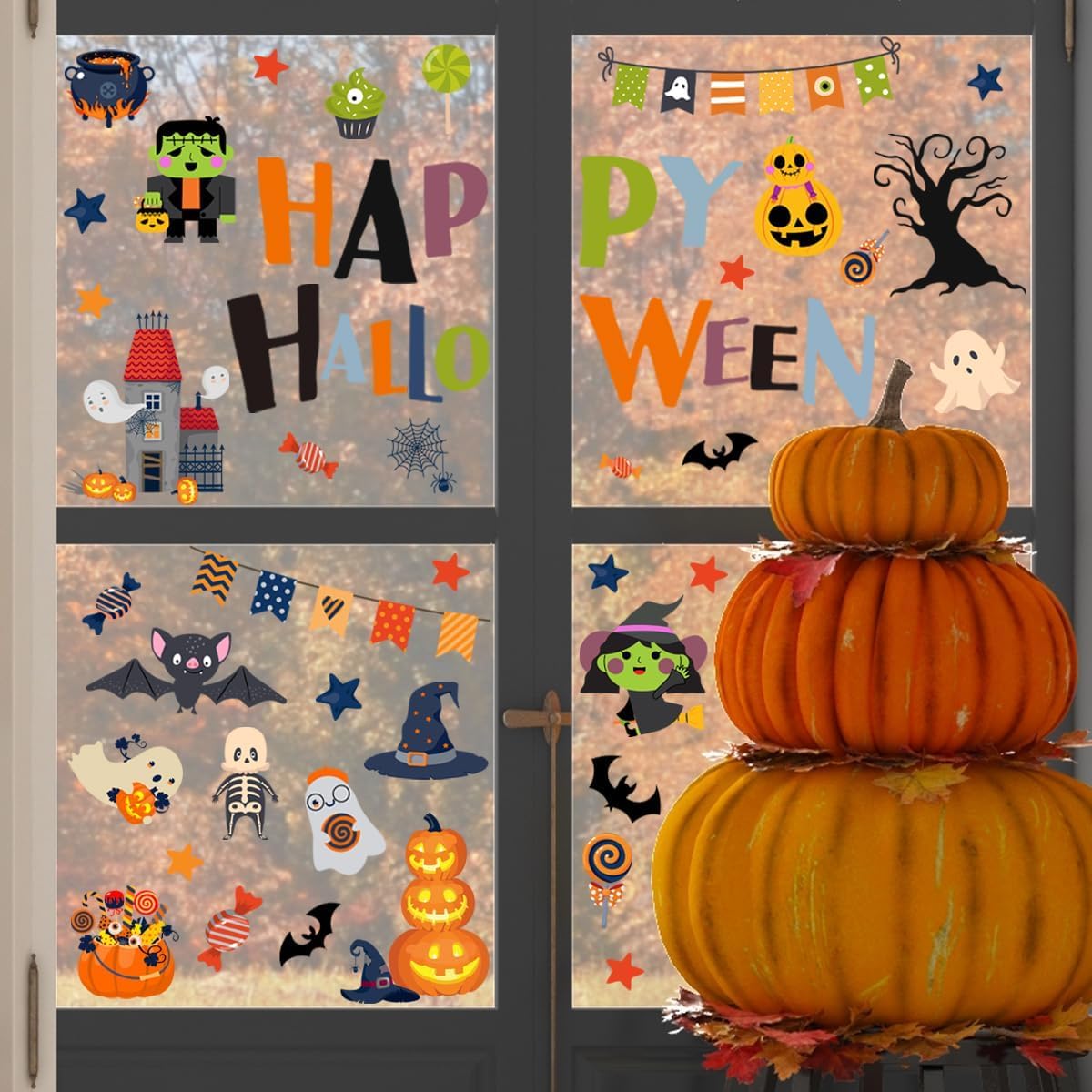 10 Sheets Halloween Window Clings Halloween Window Stickers Decorations Double-Sided Removable Castle Pumpkin Bat Glass Window Decals, Happy Halloween Window Clings for Kids Party Decorations