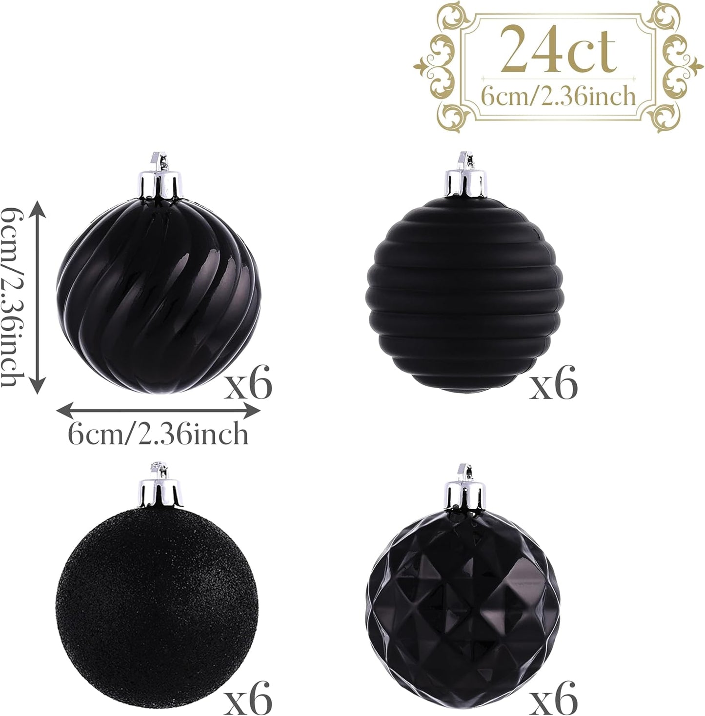Valery Madelyn Christmas Ornaments Tree Decorations Set for Fall Halloween, 24ct Black Shatterproof Ball Ornaments, 2.36" Hanging Ornament Bulk for Xmas Holiday Party Decor