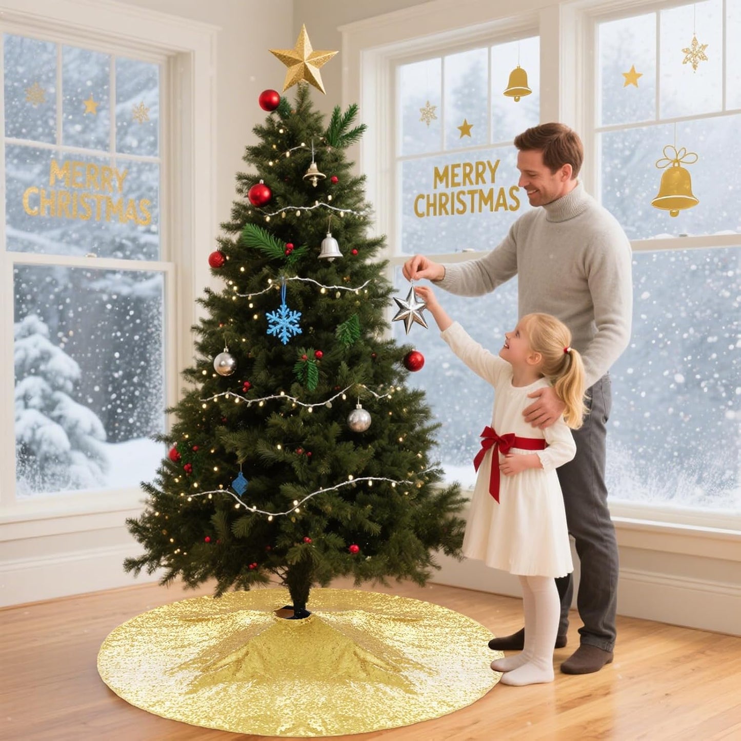 Eternal Beauty Christmas Tree Skirt, 70 Inch Gold Sequin Tree Skirt Small Xmas Tree Skirt for Christmas Tree Decorations