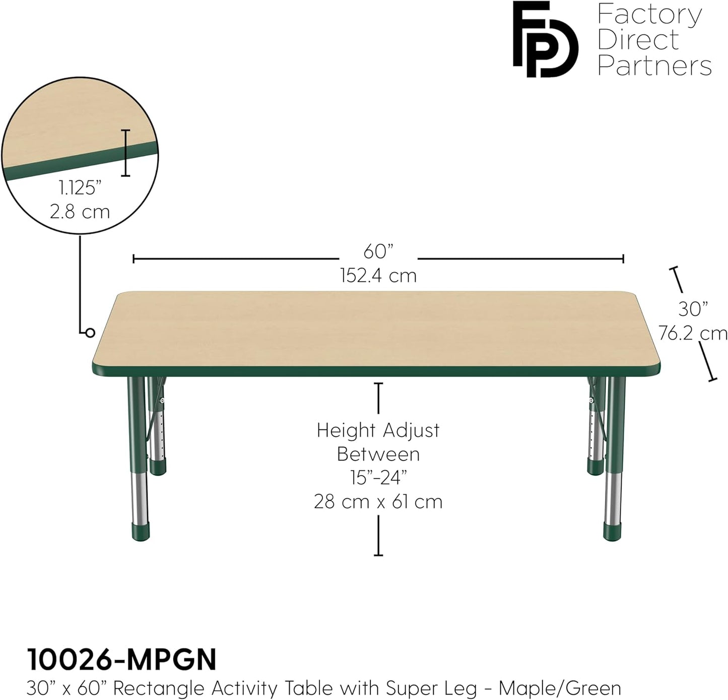 Factory Direct Partners FDP Rectangle Activity School and Classroom Kids Table (30 x 60 inch), Toddler Legs, Adjustable Height 15-24 inches - Maple Top and Green Edge