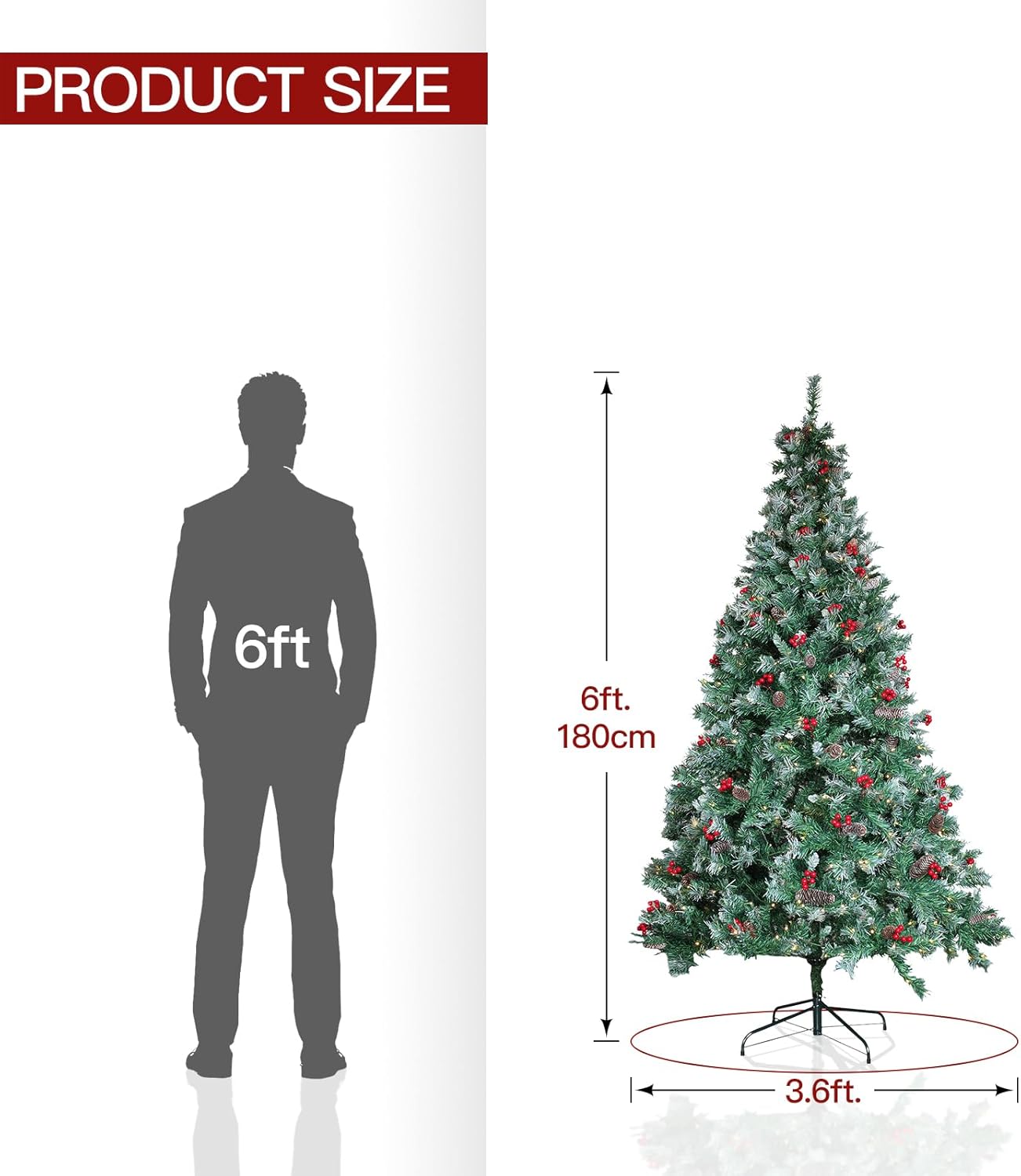 Prelit Christmas Tree with Lights 6ft - Premium Artificial Christmas Tree, with 874 Branch Tips and 250 Warm Lightsm, Support Automatique, Easy Assembly,Perfect Choice for Xmas Decorations