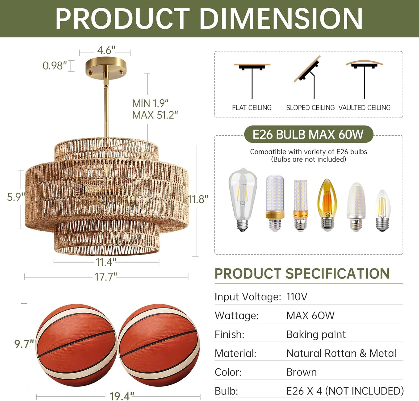 4-Light Boho Rattan Chandelier Light Fixture, 17.7” Hand Woven Rustic Chandeliers Farmhouse Chandelier Hanging Light for Dining Room Kitchen Island, Living Room, Foyer