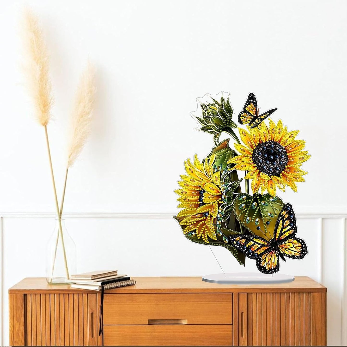 Diamond Painting Kits for Adults Beginners, 5D Full Drill Sunflower Butterfly Crystal Art Desktop Ornament, DIY Single Sided Home Office Desk Decor, Creative Craft Gift Set with Tools