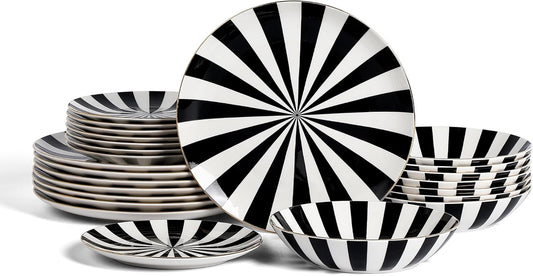Christian Siriano Empire Porcelain Dinnerware, 24-Piece Plates and Bowls Set, Black and White Dish Set for 8, Gold Trim, Hand Wash Only