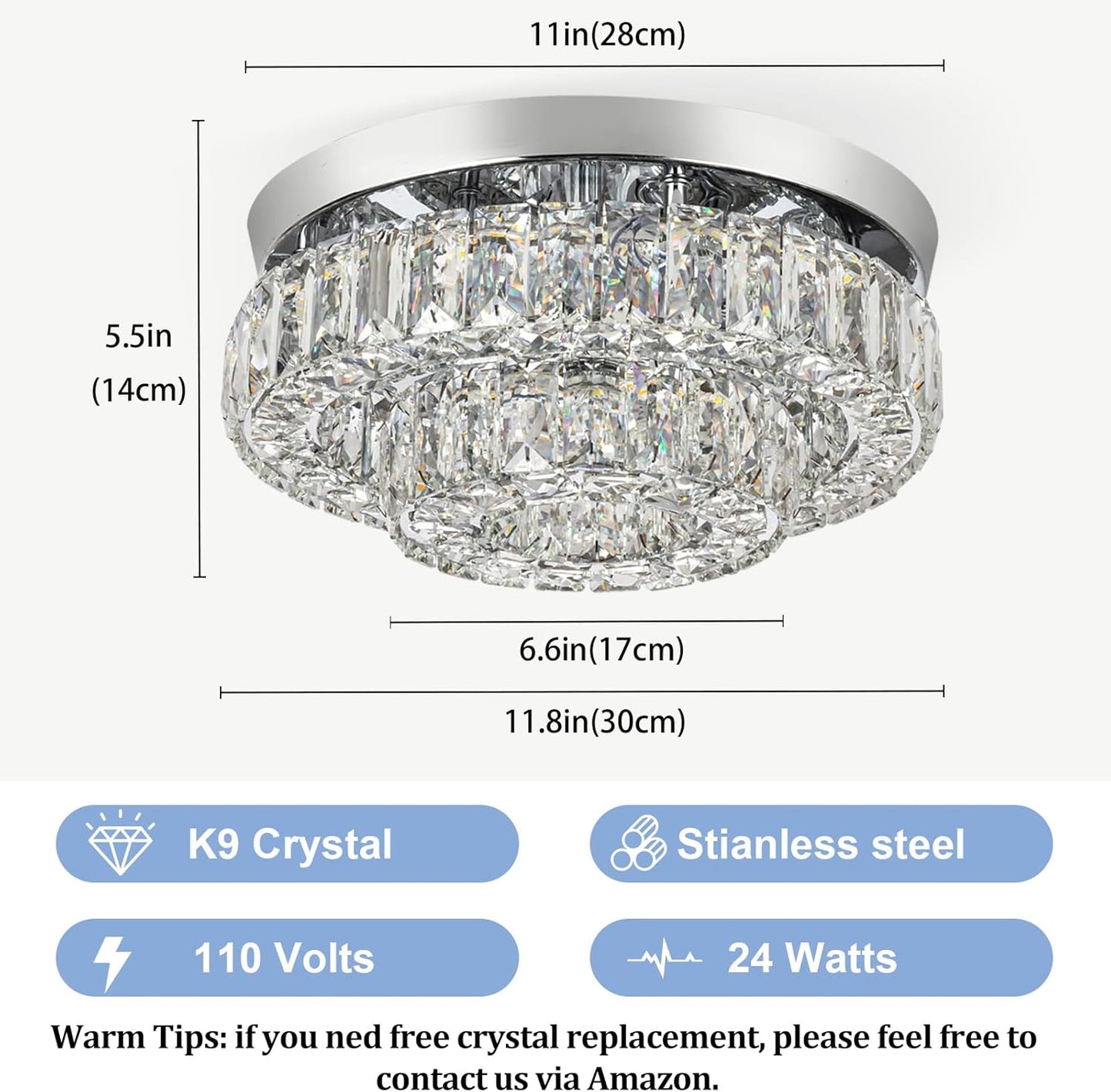 12 Inch Crystal Chandelier LED Ceiling Light 2 Tier Flush Mount Ceiling Light Fixtures Modern Chandelier Lighting for Hallway Bedroom Dining Room Kitchen (Cool White)