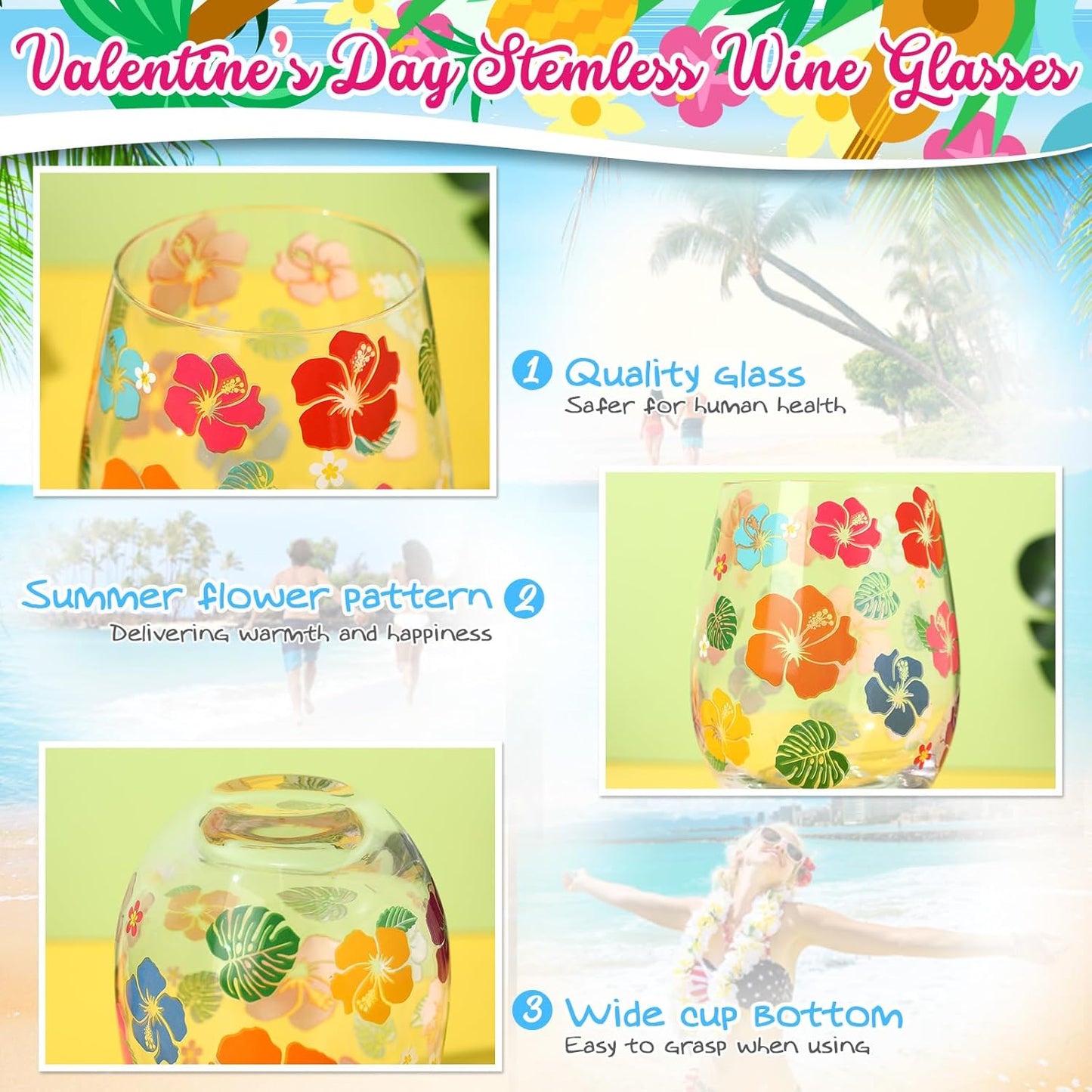Sliner 2 Pack 17oz Summer Hawaiian Stemless Wine Glasses Aloha Stemless Wine Glass Luau Colorful Flowers Leaves Tumbler Cups for Hawaiian Tiki Party Supplies Birthday Gift