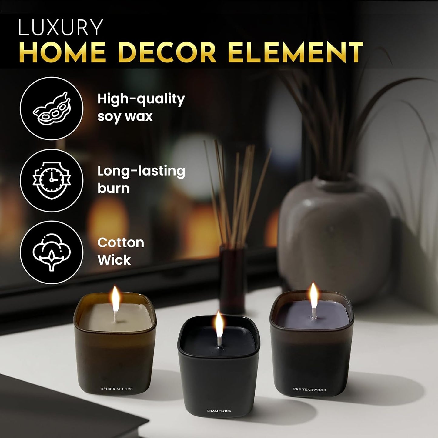 Candle Gift Set – 3 Scented Soy Candles, Clean Burn 50+ Hrs – Flower-Inspired Scents: Amber, Red Tea Wood, Champagne – Bulk Set for Women Giftset, 9.8oz Each, Gift Idea for Women, Home Decor, Birthday