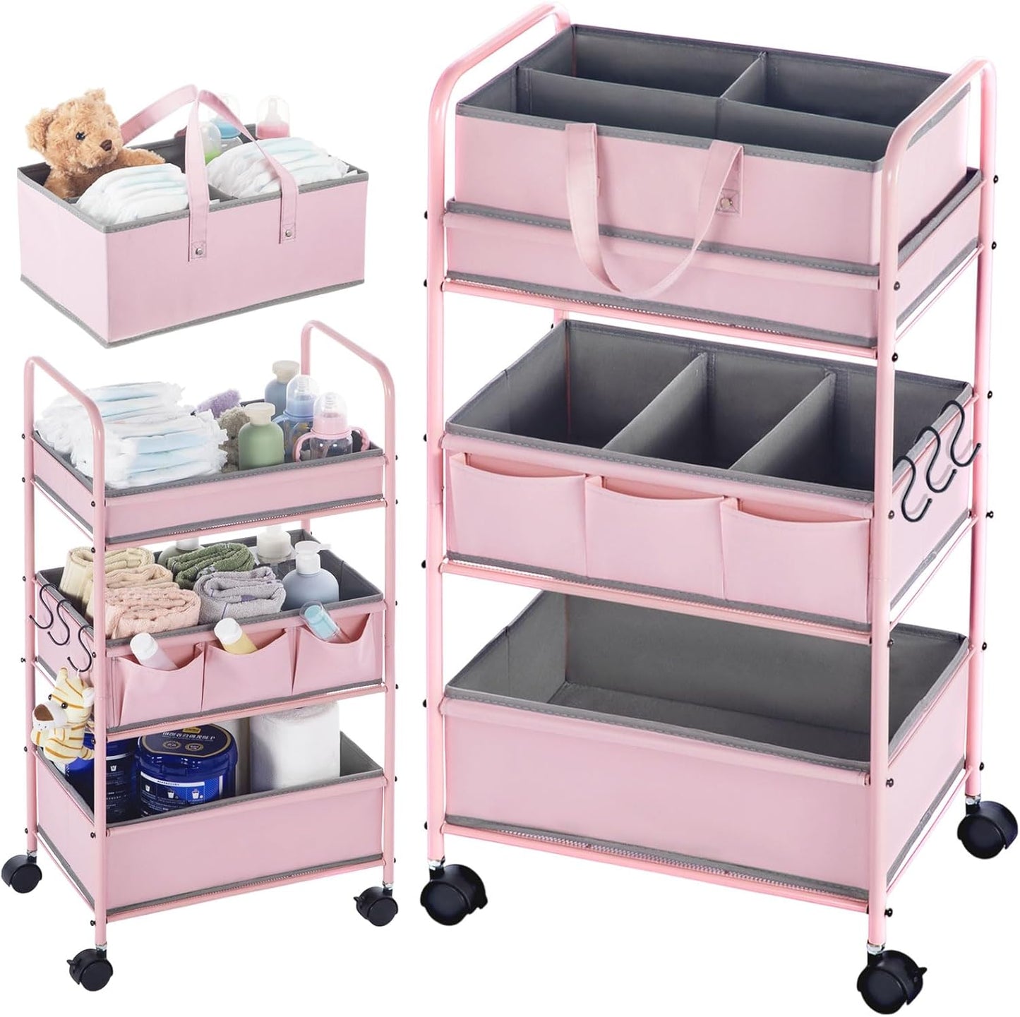 Honeydak 2in1 Baby Diaper Caddy Organizer Cart 3 Tier Large Capacity Metal Utility Bedside Rolling Cart with Divider for Newborn Nursery Essential Must Have for Crib Bedroom Baby Shower(Pink)