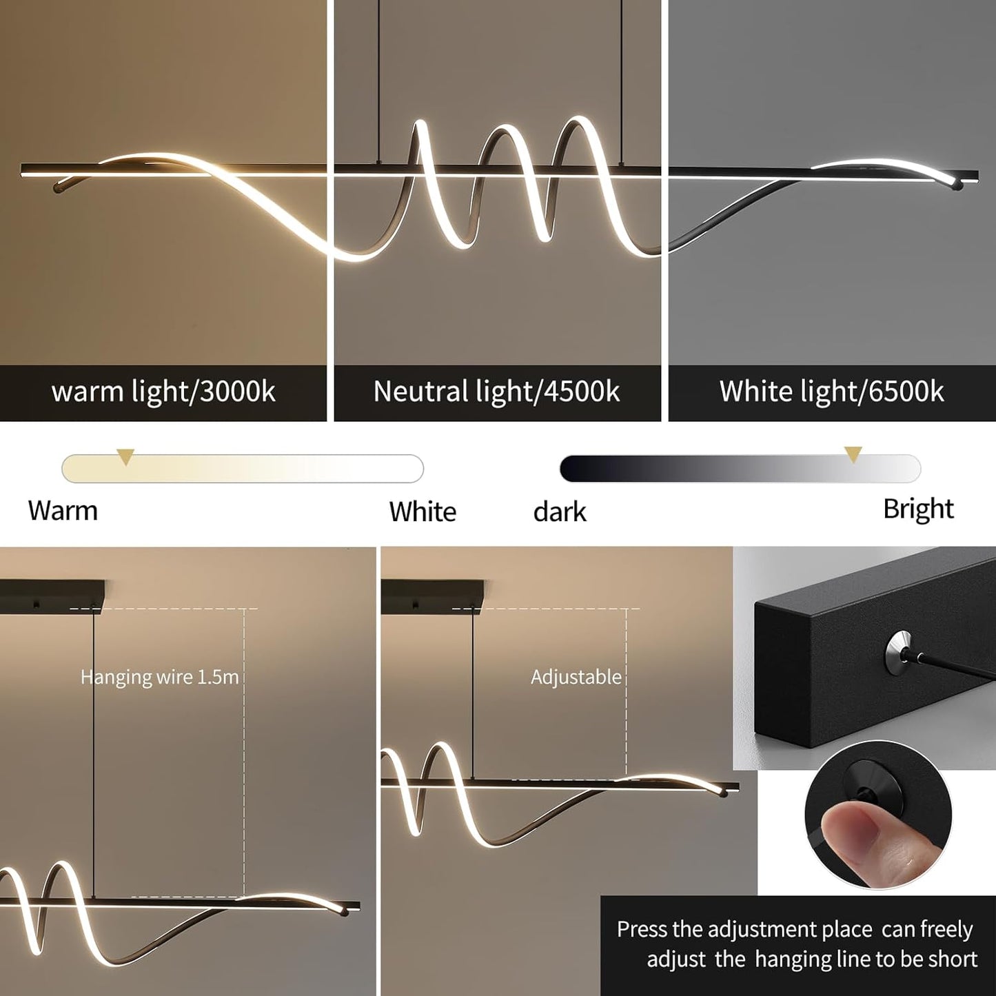 Modern Ceiling Chandelier Light, Acrylic Anti Flicker Pendant Lamp with Remote Control Dimmable 3 Color Mode & Brightness (Warm Cool Neutral Light) for Kitchen Bar（Black,57IN