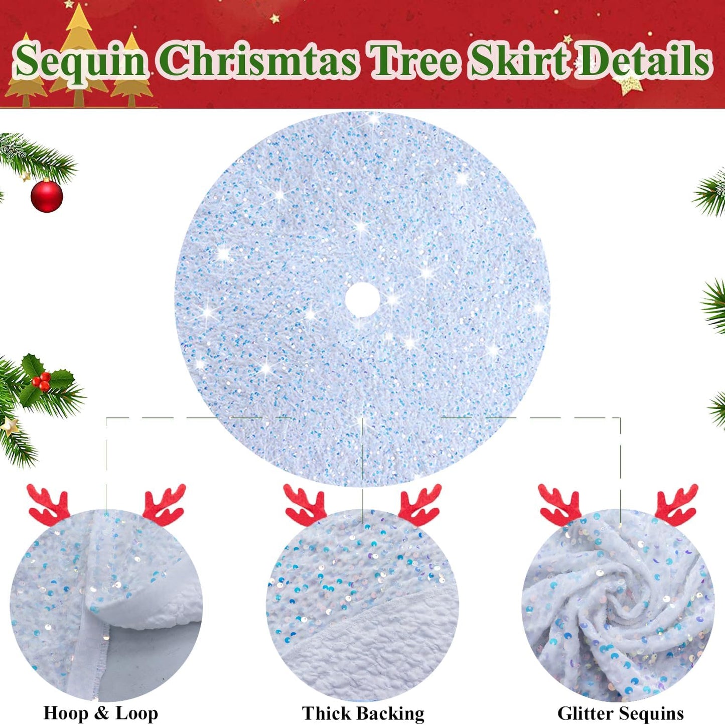 MODFUNS Christmas Tree Skirt Iridescent White Sequin Xmas Tree Skirt 36 Inch Glitter Velvet Tree Skirt Mat Shimmer Christmas Tree Floor Skirt Shiny Tree Collar for New Year Xmas Tree Decoration