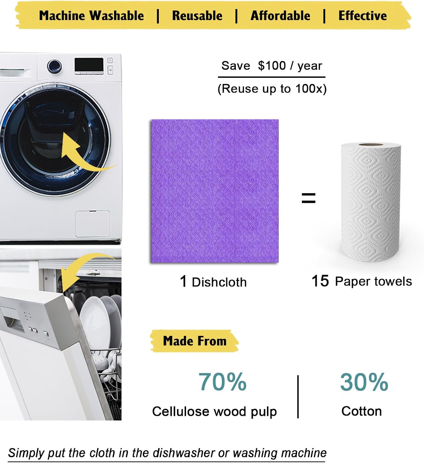 Swedish Dishcloths for Kitchen | 6 Pack Absorbent Cellulose Sponge Cloths Washable | Non-Scratch Reusable Paper Towels Quick Drying Cleaning Cloths - Purple