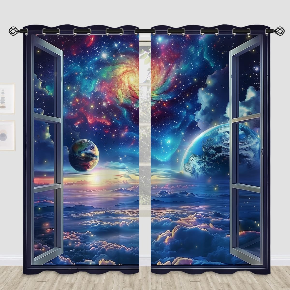 Space Galaxy Blackout Curtains for Girls Boys Kids Home Decor, Universe Nebula Galaxies Solar Planet Grommet Thermal Insulated Drapes Darkening Window Curtain for Bedroom Living Room, 84 x 84 Inch