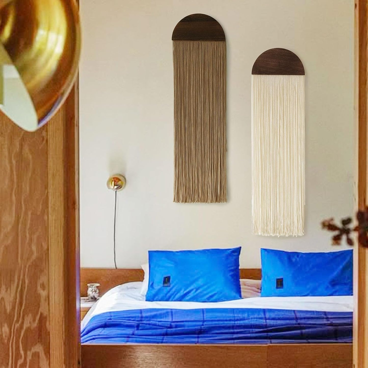 Flber 2 Pcs Macrame Wall Hanging Boho Wall Decor Handmade Macrame Art Tapestry Wedding Macrame Backdrop 13.7" W x 51" L For Living room Bedroom Headboard Decor