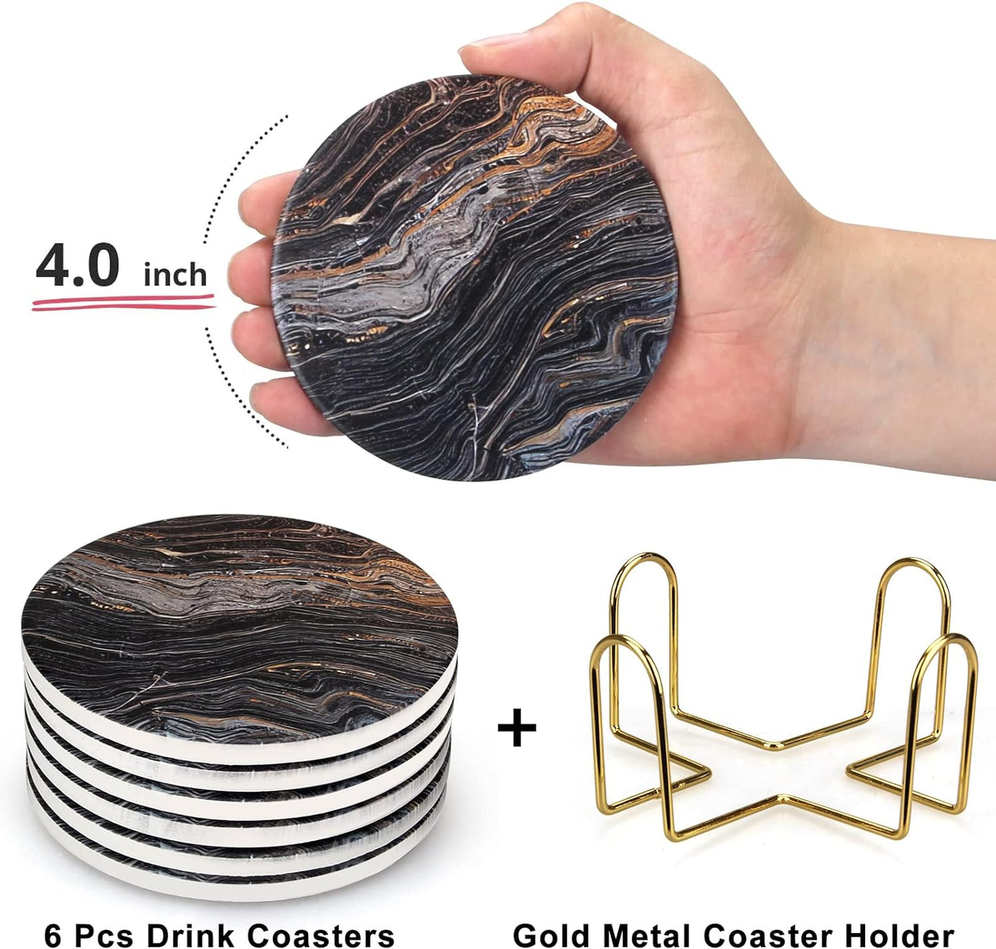 White Marble Style Ceramic Coasters Set of 6 with Holder Round Modern Coffee Table Decor Drink Coaster Gifts Absorbent Stone Coasters for Rustic Farmhouse Bar