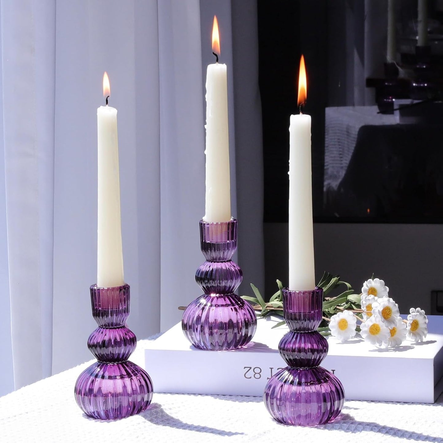 Woho Purple Candlestick Holders Set of 3 for Halloween Decorations, 4.3" H Ribbed Glass Taper Candle Holders Bulk for Wedding Table, Vintage Candle Sticks Holder Decor for Birthday Party/Home Decor