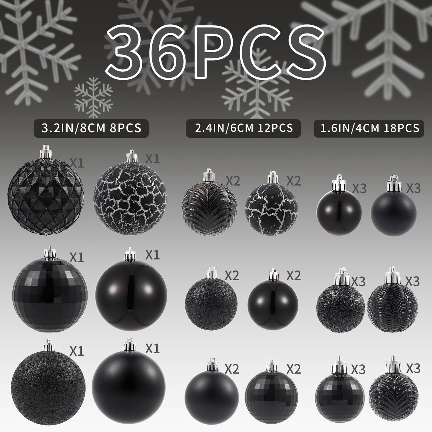 LANGXUN 36pcs Black Christmas Tree Decorations Balls, Bolas De Navidad, 2025 Christmas Decor, Indoor Outdoor Shatterproof Christmas Ornaments, Xmars Party Wedding Suppiles
