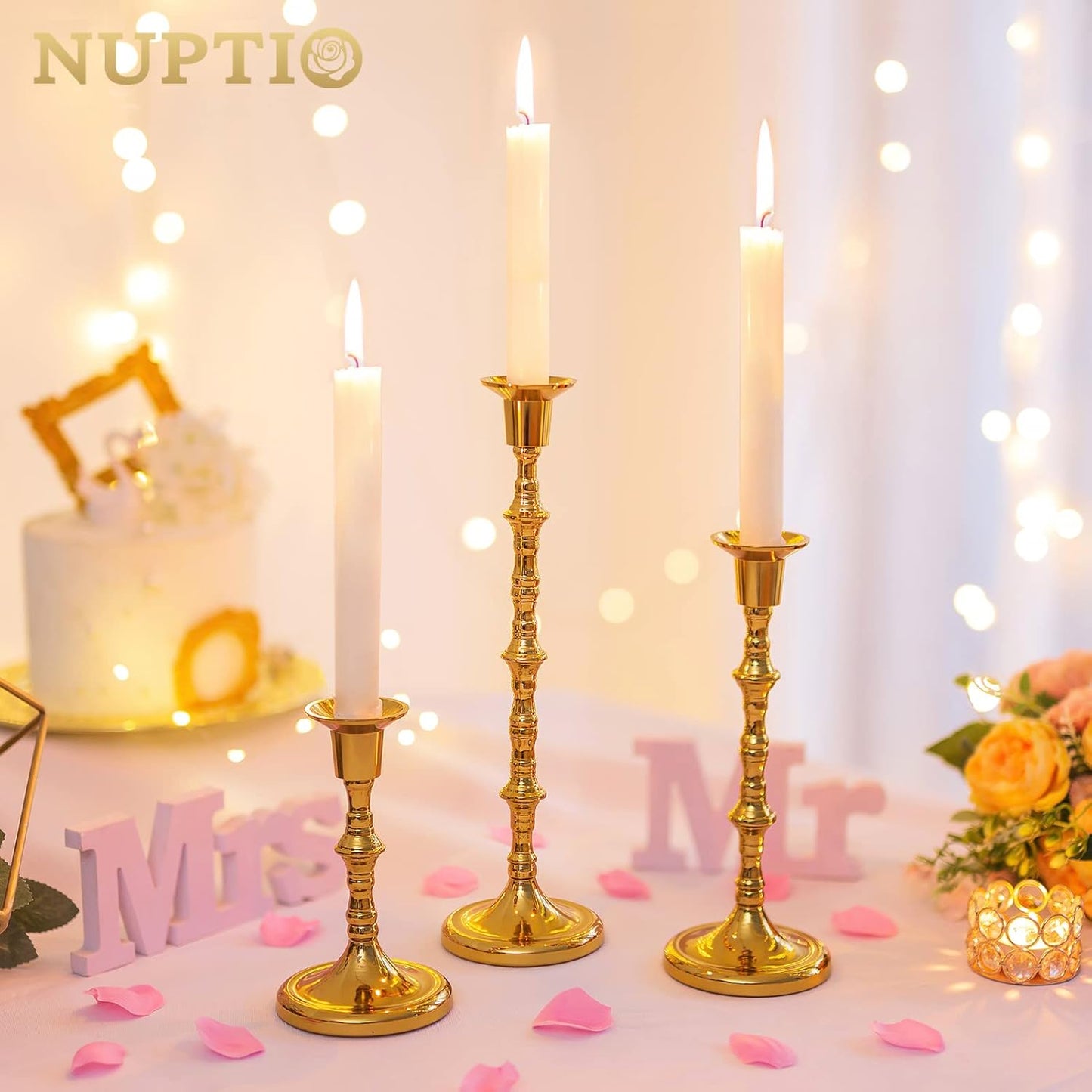 Nuptio Brass Candlestick Holders for Centerpiece: Set of 3 Gold Taper Candle Stick Holders for Home Dining Table Fireplace Decor